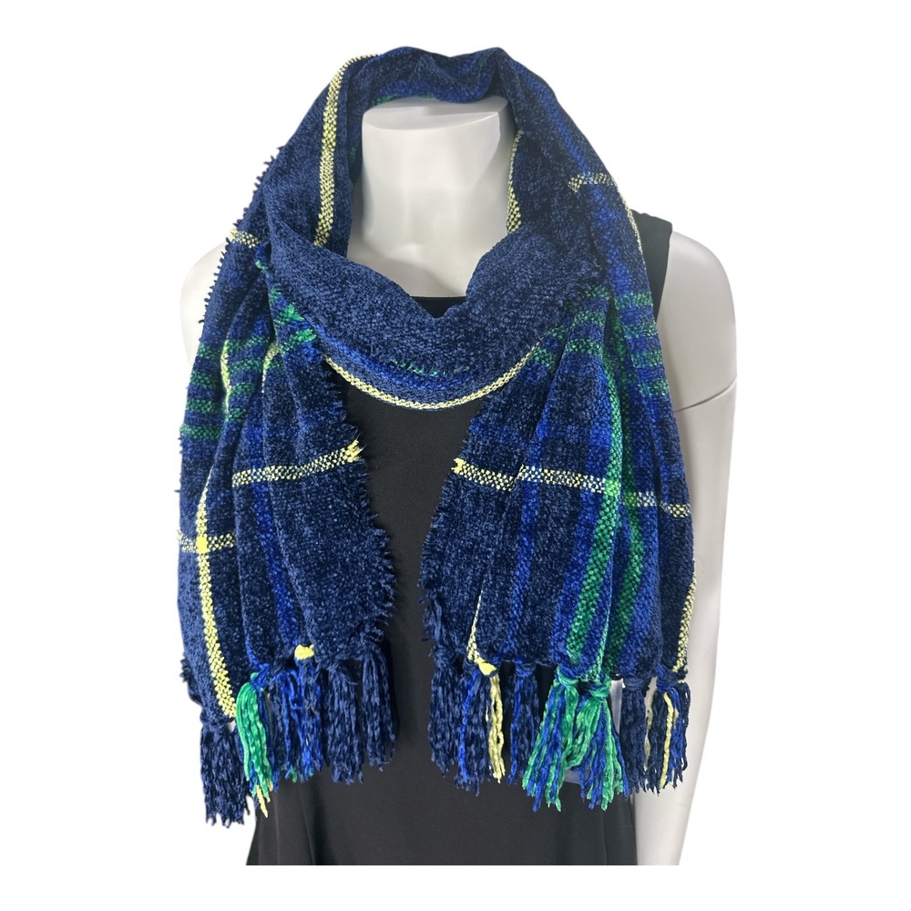 Charter Club Blue Plaid Scarf w/ Tassels Womens One Size Soft Acrylic